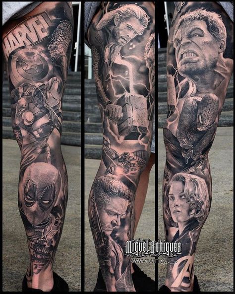 Marvel Tattoo Sleeve, Voll Arm-tattoos, Dc Tattoo, Comic Book Tattoo, Hero Tattoo, Avengers Tattoo, Full Leg Tattoos, Universe Tattoo, Comic Tattoo