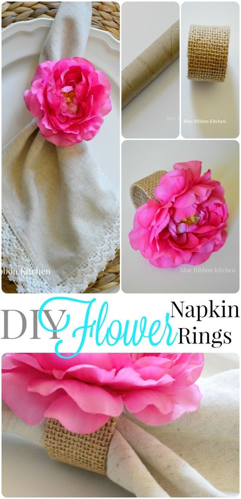 Easy Rings, Flower Napkin Rings, Pink Decorations, Napkin Rings Diy, Napkin Rings Wedding, Paper Towel Tubes, Diy Napkins, Napkin Folding, Napkin Ring