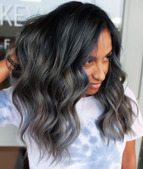 50 Trendiest Ideas of Gray Highlights to Try in 2021 - Hair Adviser Black Hair With Silver Streak, Hair With Silver Streaks, Black Hair With Silver, Hair With Gray Highlights, Highlights For Gray Hair, Gray Hair Solutions, Gray Highlights, Platinum Hair Color, Gray Balayage