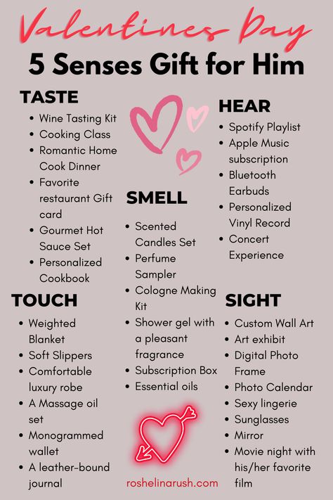 list full of valentines day 5 senses gifts 4 Senses Gift Ideas, Birthday Gifts For Boyfriend 5 Senses, Taste Sense Gift For Him, Spoil Him Ideas, Idea For Gift For Boyfriend, 5sense Gift For Him, Sense Gifts For Her, Taste Gifts For Him, Sight Sense Gift For Him