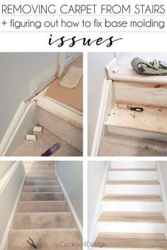 removing carpet from stairs | carpet to wood stairs | carpet stairs to wood | removing carpet from stairs and figuring out how to fix base molding issues | stair makeover #stairmakeover #homeimprovement  via @jakonya Carpet Free Stairs, Pulling Carpet From Stairs, Removing Carpet From Stairs, Paint Stairs, Painting Plywood, Refinish Stairs, Stairs Makeover Design, Stairs Diy, Redo Stairs