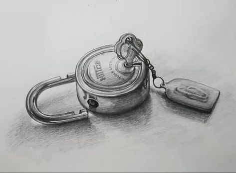 Basic Object Drawing, Shading With Pencil, Drawings Of Objects, Still Life Pencil Shading, Lock Drawing, Key Drawings, Live Sketching, Shading Drawing, Different Forms Of Art