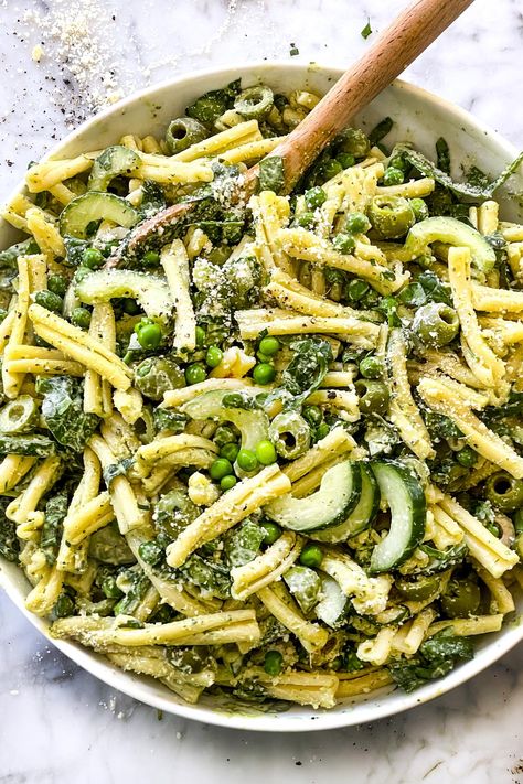 This green goddess pasta salad is bright and tangy, cool and creamy, and packed with herbs, spinach, cucumber, peas, and castelvetrano olives. Green Goddess Pasta Salad, Green Goddess Pasta, Making Pesto, Casarecce Pasta, Castelvetrano Olives, Vegetarian Pasta Salad, Green Pasta, Favorite Salad, Cold Pasta Salad