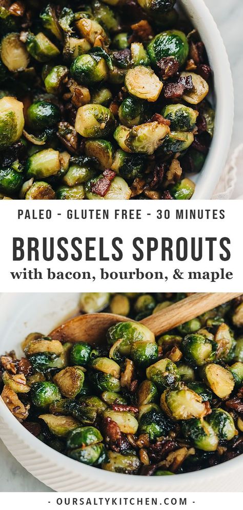 Maple bourbon glaze makes these crispy bacon brussels sprouts just a little extra special. The entire family will love this easy, gluten free Thanksgiving side dish! You'll love it too because it's make-ahead friendly, or ready in just 30 minutes! #paleo #glutenfree #sidedish #thanksgiving #recipe #bacon #30minutes #brusselssprouts Gluten Free Thanksgiving Side Dishes, Maple Bourbon Glaze, Bacon Brussels Sprouts, Gluten Free Thanksgiving Recipes, Thanksgiving Food Sides, Bourbon Glaze, Healthy Thanksgiving Recipes, Thanksgiving Appetizer Recipes, Maple Bourbon