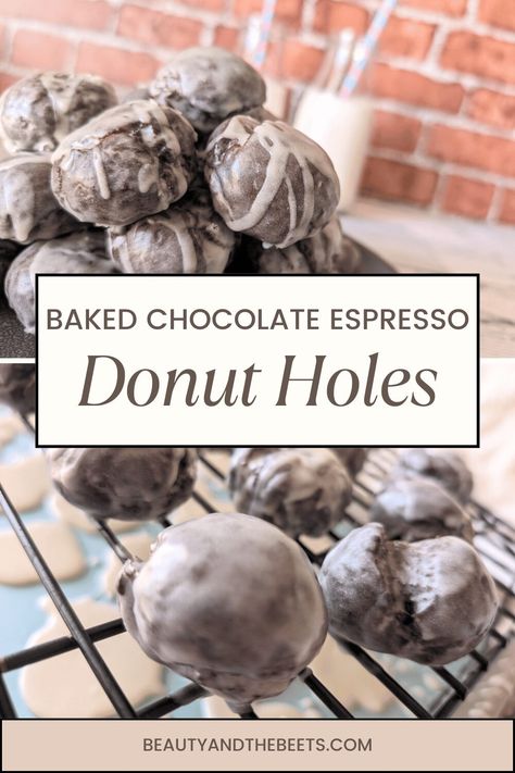 Baked Chocolate Espresso Donut Holes are a great way to start the morning- easy to make + easy to eat! No frying required. Christmas Donut Holes, Chocolate Donut Holes Recipe, Baked Donut Holes Recipe, Sourdough Donut Holes, Donut Hole Recipe Baked, Chocolate Donut Holes, Baked Donut Holes, Chocolate Doughnut, Breakfast Donuts