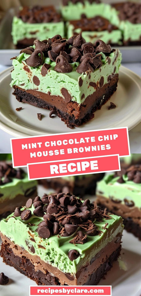 Enjoy these Mint Chip Mousse Brownies, featuring a fudgy brownie layer, a creamy mint mousse, and a shiny chocolate glaze. A refreshing and rich dessert that’s perfect for any special occasion.

Ingredients:

1 cup all-purpose flour
2 cups heavy cream, divided
1/2 cup finely chopped semi-sweet chocolate
Chill for 3 hours before serving for the perfect minty treat! Chocolate Chip Mousse, Mint Mousse, Mousse Brownies, Fudgy Brownie, Brownie Toppings, Mint Chocolate Chip, Rich Desserts, Brownies Recipe Easy, Brownies Recipe