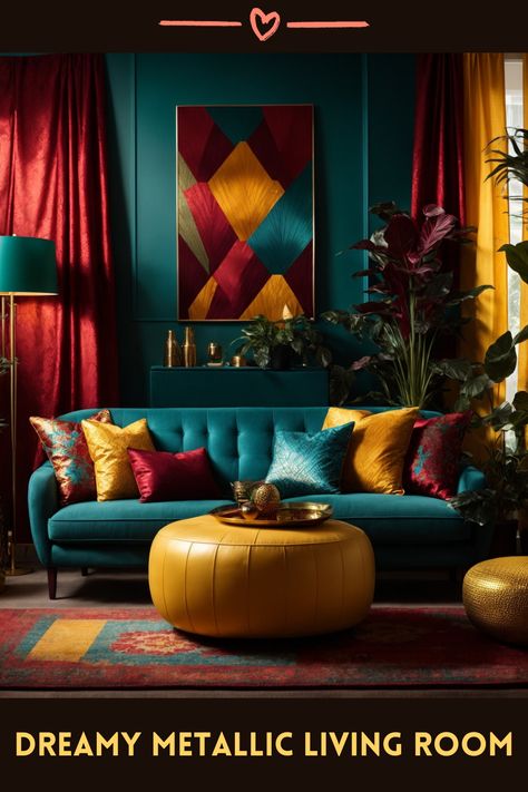 Unveil the magic of this jewel-tone living room, where luxury meets whimsy. The deep teal sofa, adorned with vibrant, richly hued pillows, invites a cozy retreat. A majestic artwork graces the wall, echoing the room's royal palette. Each piece, from the golden ottoman to the intricate rug, adds a touch of splendor. Surrounded by lush greenery and ambient lighting, this space is a testament to an opulent yet welcoming living experience, promising enchanted evenings. Colourful Sofa Ideas, Modern Jewel Tone Bedroom, Deep Teal Living Room Ideas, Jewel Tone Cottage, Jewel Tone Lounge, Teal Rooms Ideas, Teal Pillows Living Room, Deep Color Living Room, Bright Walls Living Room