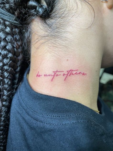 Woman Neck Tattoo Small, Tattoo In Red Ink Words, Letter Neck Tattoos Women, Back Red Ink Tattoo Women, Women Neck Tattoo Ideas Small, Word Neck Tattoos Black Women, Tattoo Idea For Women Neck, Neck Tattoos Women Small Words, Neck Red Tattoos Women