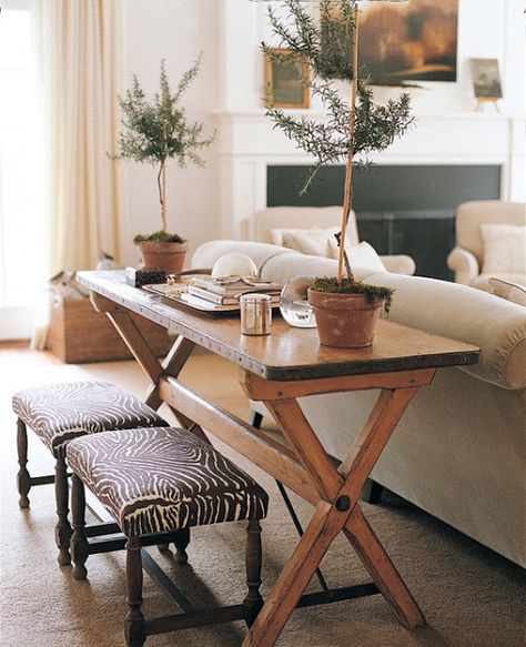 topiaries...the perfect accessory Long Narrow Dining Table, Narrow Dining Tables, Sofa Table Decor, Table Behind Couch, Small Dining Room Table, Behind Couch, Console Table Decorating, Esstisch Modern, Design Salon