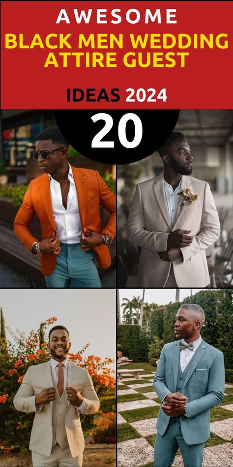 Elevate your summer wedding style with our selection of stylish 2024 wedding guest outfits for black men. From casual beach attire to formal ensembles, our curated collection features a range of options to suit every venue and vibe. Dress with confidence and sophistication for any occasion and celebrate love in style. Discover your perfect look and stand out from the crowd with our premium attire selection. Black Men Wedding Attire Guest, Outfits For Black Men, Summer Black Tie Wedding, Black Tie Wedding Guest Attire, Boho Wedding Attire, Men Wedding Attire Guest, Summer Cocktail Attire, Male Wedding Guest Outfit, Summer Wedding Style