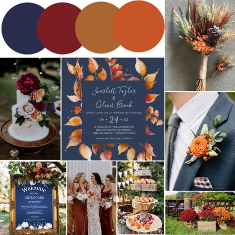 Fall Color For Wedding, Navy Blue And Rust Wedding Color Palettes, Maroon And Burnt Orange Wedding Color Palettes, Navy Blue Maroon And Rust Wedding, Fall Wedding Teal And Rust, Rust Navy Burgundy Wedding, Cobalt Blue And Burnt Orange Wedding, Wedding Colors With Burnt Orange, Rust And Burgundy Wedding Groomsmen