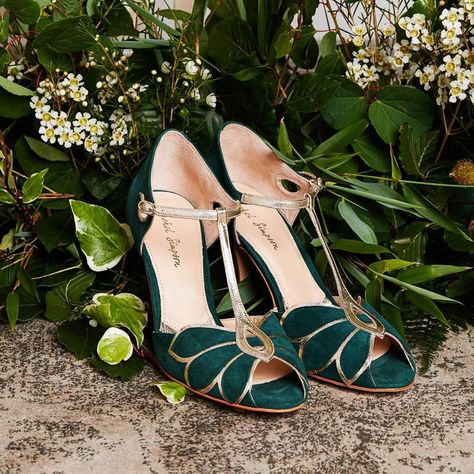 Rachel Simpson Mimosa Forest Green Suede Vintage T-Bar Shoes | Lace and Favour Forest Green Wedding, Rachel Simpson, Wedding Shoes Vintage, Adventure Mountain, T Bar Shoes, Vintage Hair Accessories, Green Wedding Shoes, Green Shoes, Green Suede