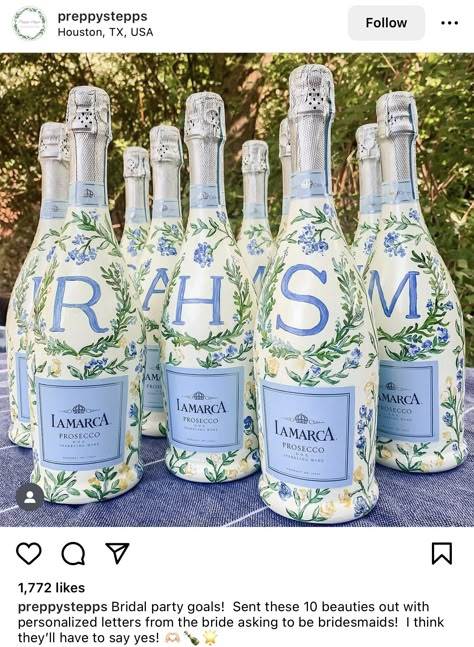 Blue Bridal Shower Favors, Lamarca Prosecco, Bedazzled Liquor Bottles, Custom Champagne Bottle, Prosecco Bottle, Disney Bridal Showers, Ocean Theme Party, Hand Painted Bottles, Asking Bridesmaids