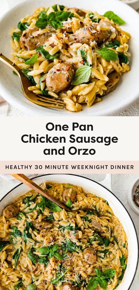 This one pan chicken sausage and orzo meal cooks up in under 30 minutes for a quick and easy weeknight dinner. It's flavorful, comforting and so easy to make! One Pot Chicken Sausage Orzo, Chicken Sausage Couscous Recipes, Creamy Chicken Sausage Orzo Skillet, Chicken Sausage And Orzo, Healthy Chicken Sausage Recipes, Sausage And Orzo, Chicken Sausage And Veggies, Orzo Dinner Recipes, Chicken Sausage Recipes