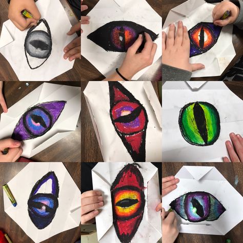 5th grade is finishing up their Chinese New Year kites, so it's time for a new project! I thought we'd go in a more 3-d direction, and... Origami Eye, Dragon Puppet Ideas, Collage Animals, Dragon Eye Drawing, Dragon Origami, Classe D'art, Puppet Ideas, Paper Dragon, Dragon Eyes