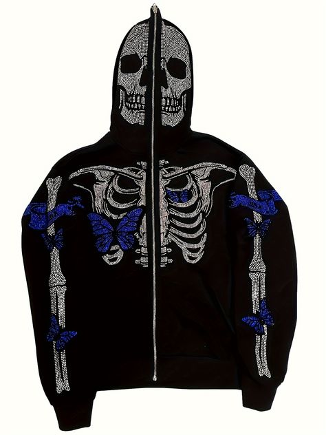 Faster shipping. Better service Butterfly Skeleton, Rhinestone Hoodie, Skull Butterfly, Oversized Zip Up Hoodie, Skeleton Hoodie, Money Hacks, Goth Grunge, Retro Sweatshirts, Cartoon Outfits