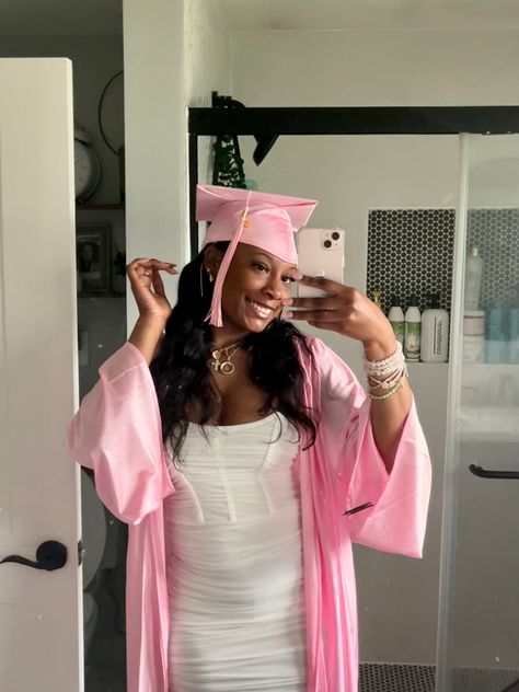 Pink graduation cap & gown Pink Graduation Robe, Pink Grad Cap And Gown, Pink Cap And Gown Graduation Pictures, Pink Graduation Gown, Graduation Cap Pink, Pink Cap And Gown, Pink Graduation Cap, Senior Boxes, Graduate Hotel