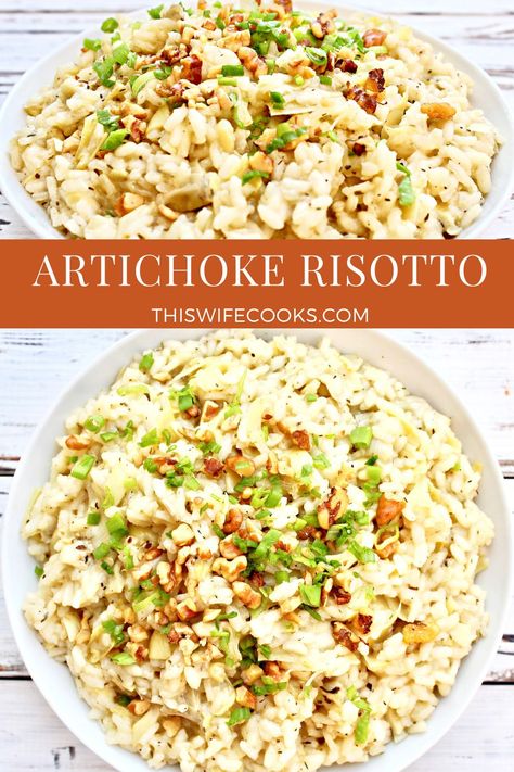 Artichoke Risotto ~ This classic Italian comfort food is very easy to make and a great company-worthy dish. Artichoke Risotto Recipes, Artichoke Risotto, Vegan Artichoke, Lacto Vegetarian, Spinach Risotto, Vegan Risotto, Rice Recipes Vegan, Vegan Entrees, Oil Free Vegan Recipes