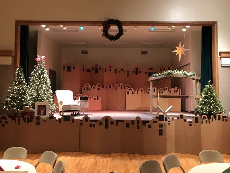 Easy Christmas Stage Decorations, Christmas In Bethlehem Party, Bethlehem Themed Party, Town Of Bethlehem Backdrop, Christmas Play Decorations Stage Design, Bethlehem City Backdrop, Ward Christmas Party Nativity, Christmas Play Backdrop, Nativity Themed Christmas Party