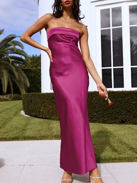 old money, simple and classic satin tube dress. beautiful purple colour. radiates old money vibes and super cute to dress up in. amazing quality for the price, super comfy and visually appealing. worth it !! #ad #affiliate #iearncommision #sofiarichie #oldmoney #newmoney #richgirl #dress #purpledress #satindress #silkdress #classy #aritzia #weddingguest Old Money Wedding Guest Dress, Long Dresses Wedding, Tube Dress Outfit, Satin Dress Outfit, Purple Silk Dress, Outfit References, Strapless Long Dress, Dresses Wedding Guest, Bridesmaid Dresses Strapless