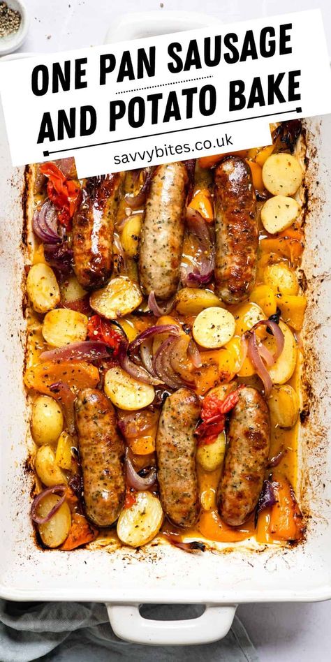 Dive into this hearty sausage and potato tray bake! A one-pan wonder that's bursting with flavor, it's the perfect blend of savory sausages, crispy potatoes, and colorful veggies. Easy to make, budget-friendly, and a surefire family favorite. Plus, get tips on variations to suit every taste! Kielbasa Sausage Recipes, Sausage Tray Bake, Sausage And Potato Bake, Colorful Veggies, Sausage Dinner, Sausage Dishes, Tray Bake Recipes, Potato Bake, Sausage Bake