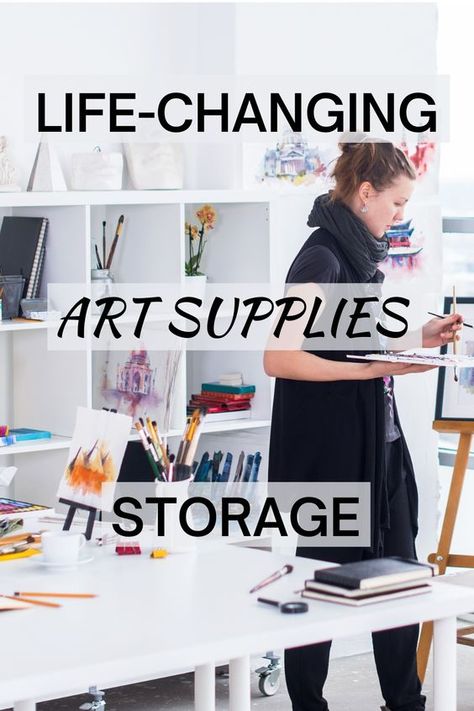 Life-Changing Art Supplies Storage - Signed Laura Dabney Storage Ideas Art Supplies, Home Art Studios Ideas, Best Art Storage, Art Cabinet Organization Storage Ideas, Art Storage Diy, Professional Art Studio, Art Studio Wall Storage, Small Space Art Studio, Art Classroom Hacks