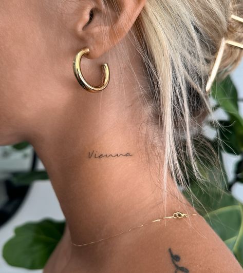 Tattoos For People Who Love Music, Slow Down Youre Doing Fine Tattoo, Vienna Song Tattoo, Fine Line Tattoo Behind Ear, Neck Word Tattoo, She Tattoo, Behind Neck Tattoo Woman, Lumineers Tattoo, Billy Joel Tattoo