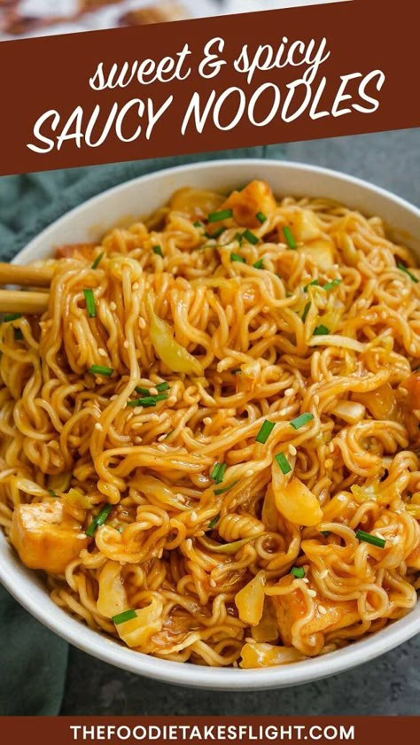 Easy Sweet, Spicy, and Saucy Noodles (Vegan) – The Foodie Takes Flight Saucy Noodles, Ramon Noodles, Chipotle Pasta, Spicy Ramen Noodles, Ramen Recipes Easy, Asian Noodle Recipes, Noodle Recipes Easy, Spicy Ramen, Vegan Ramen