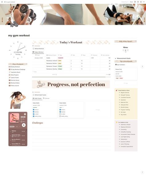 Track your gym workout routine progress with this easy-to-use fitness notion planner. A fully customizable template that's easy to use and beginner-friendly while remaining aesthetically pleasing. A simple design with a side navigation bar that is accessible from every page for easy navigation! Keep organized your fitness journey all in one place to make reaching your goals that much easier. Fitness Notion Template, Minimalist Fitness, Student Planner Organization, Gym Tracker, Workout Names, Gym Planner, Gym Schedule, Fitness Tracker Printable, Workout Template