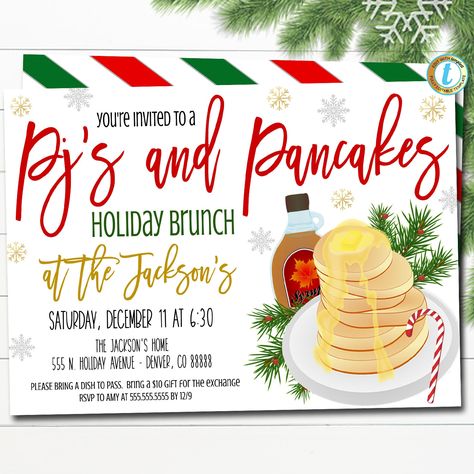 PJs and Pancakes Christmas Party Invitation Editable Template.  Use this Holiday party invite for your fun pancakes and pajamas breakfast or brunch event!  All text is editable so you can make it read what you wish. TEMPLATE FORMATTED SIZES: 5" x 7" (Invite) Front + Back IMPORTANT: This is a DIY self-editing digital, printable product - I do not edit this file for you.  However, I do offer editing services at an extra charge, please reach out if you are interested. THIS IS A DIGITAL PRODUCT. NO Christmas Brunch Invitations, Pjs And Pancakes, Holiday Brunch Invitations, Brunch Diy, Pajamas Birthday Party, Santa Breakfast, Fun Pancakes, Pajama Birthday Parties, Brunch Event