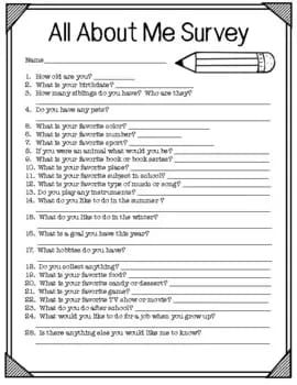 All About Me Student Survey – Art is Basic | An Elementary Art Blog Student Interest Inventory, Interest Survey, Elementary Art Lesson Plans, All About Me Printable, Get To Know Your Students, Student Survey, All About Me Activities, About Me Activities, Teachers Pay Teachers Seller