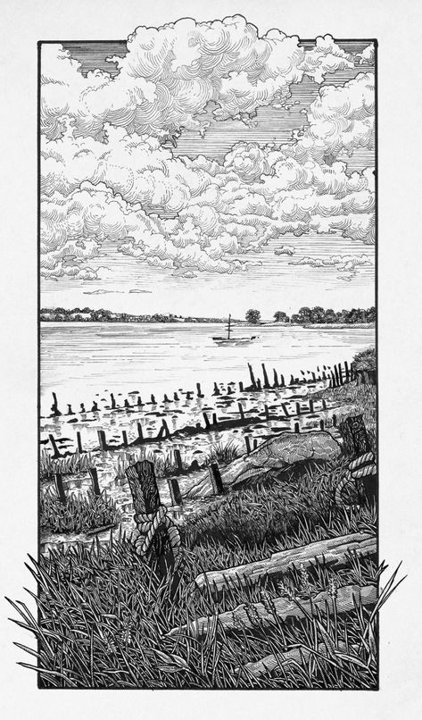 Marker Pen Illustration, Manga Clouds, Clouds Art Drawing, Philip Harris, Sky Sketch, River Illustration, Ink Pen Art, Pen Illustration, Pen Art Drawings