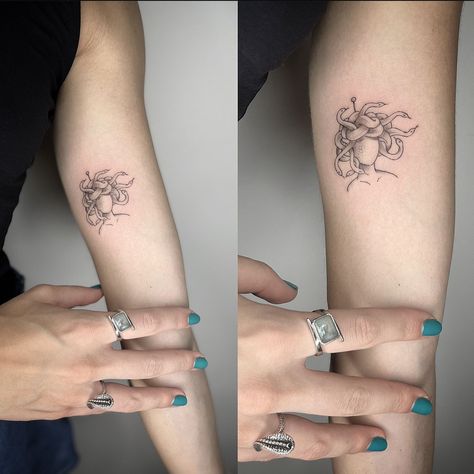 #smalltattoos #medusa #mythology #feminine #fineline Medusa Tattoo Small Hidden, Medusa Symbol Tattoo Small, Cute Medusa Tattoo Small, Medusa Tattoo Behind Ear, Medusa Related Tattoos, Medusa Line Work Tattoo, Medusa Tattoo Back Of Arm, Matching Medusa Tattoos, Small Tattoos Medusa