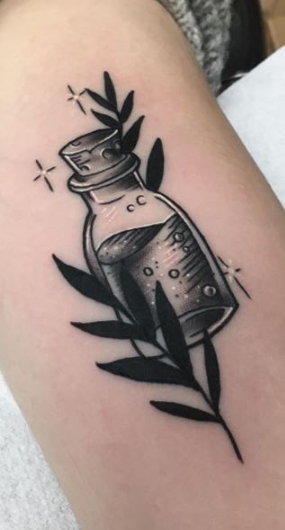 Traditional Tattoo Message In A Bottle, Potion Bottle Tattoo Traditional, Potion Tattoo Traditional, Potion Vial Tattoo, Poison Vile Tattoo, Health Potion Tattoo, Spell Bottle Tattoo, Traditional Potion Bottle Tattoo, Ink Bottle Tattoo