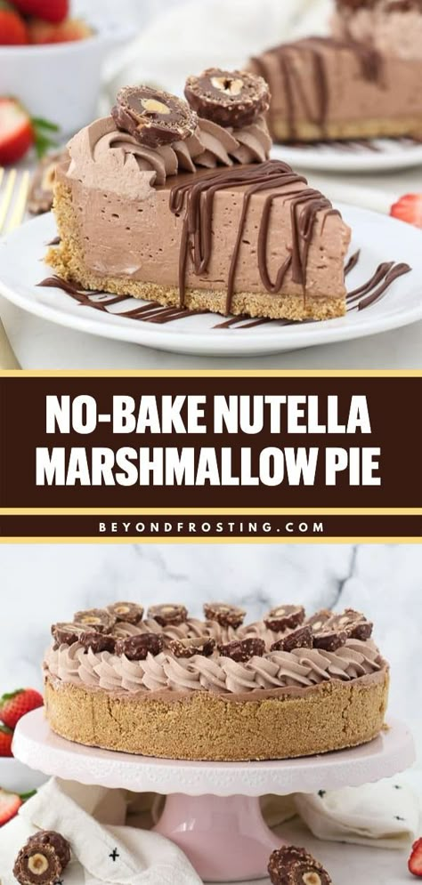 Don't miss out on this marshmallow pie recipe! From the graham cracker crust to the Nutella cream filling, it's one of the best no-bake treats you'll ever try. Pin this dessert idea for later! Nutella No Bake Pie, Graham Cracker Pie Recipes, Pie With Marshmallow Fluff, No Bake Pies With Graham Cracker Crust, Dessert Recipes No Bake, Marshmallow Pie, Nutella Pie, Nutella Cream, Baking Recipes Pie