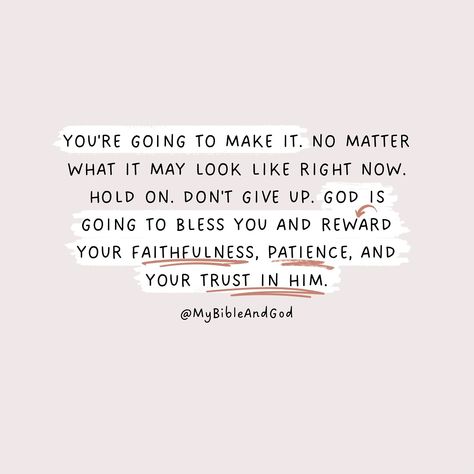 Life can be difficult, and things don’t always go according to plan. Hold on. Don’t give up. God is with you, and if you hold onto your faith and persevere, you will be blessed. God promises to bless those who are faithful and patient. 👉 Romans 5:3-4 “We rejoice in our sufferings because we know that suffering produces perseverance; perseverance, character; and character, hope.” 👉 James 1:2-4 “Consider it all joy, my brethren, when you encounter various trials, knowing that the testing of y... James 1:2, God Is Always With You, James 1:2-4, Don’t Give Up, Holding On Quotes, Olivia Lauren, Gods Promises Quotes, Romans 5 3 4, God Promises