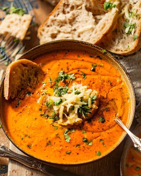 Tomato Gouda Bisque, Roasted Pepper Gouda Soup, Red Pepper Tomato Bisque, Roasted Red Pepper And Gouda Soup Recipe, Gouda Cheese Soup Recipes, Roasted Red Pepper Gouda Bisque, Red Pepper Gouda Bisque, Tomato Gorgonzola Soup, Tomato Gouda Soup