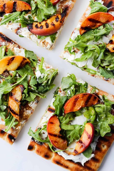 Grilled Peach & Arugula Flatbread Pizza Peach Flatbread, Arugula Flatbread Pizza, Arugula Flatbread, Pizza With Goat Cheese, Peach Pizza, Goats Cheese Flatbread, Balsamic Drizzle, Flatbread Pizza Recipes, Arugula Pizza