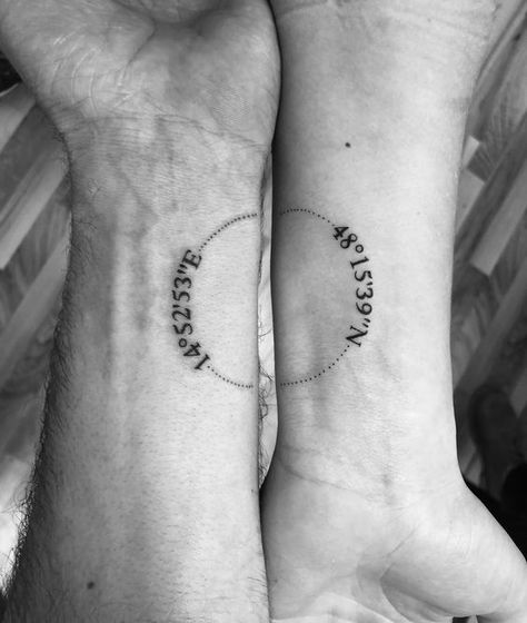 Tattoo Ideas For Partners, Partner Matching Tattoos, Couples Coordinates Tattoo, Tattoo Partner Couple, Tattoo For Partner, Couple Tattoo Ideas Unique, Tatoos Couple, Best Couple Tattoos Unique, Matching Partner Tattoos