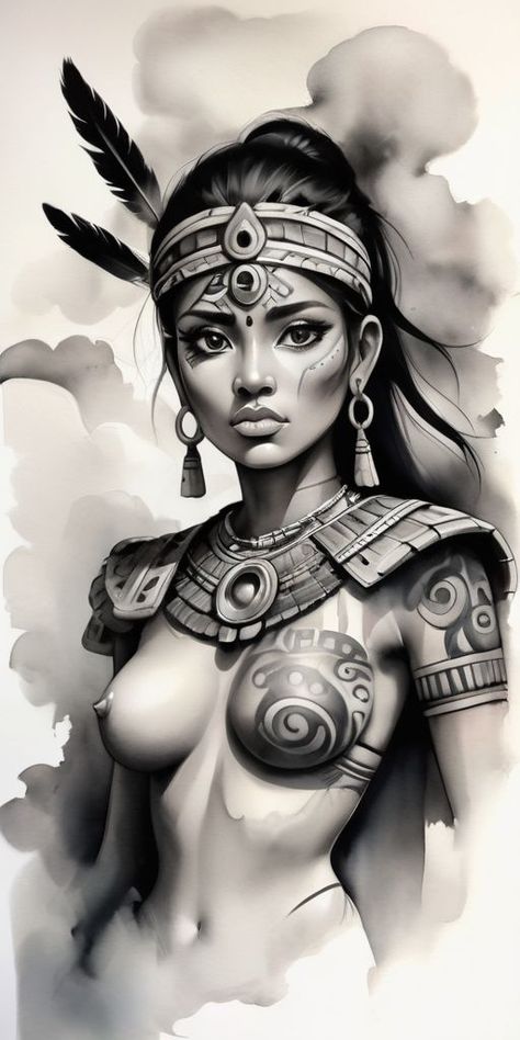 Woman Warrior Tattoo Design, Conan Tattoo, Woman Warrior Tattoo, Native Character, Inca Warrior, Indian Women Tattoo, Warrior Tattoo Design, Inca Art, Indian Tattoo Design