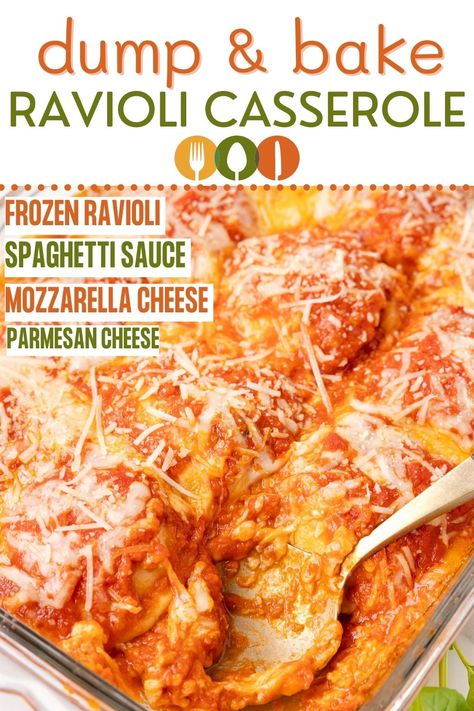 Learn how to make this dump & bake frozen Ravioli Bake with only 4 ingredients! Everything cooks in one baking dish, including the rozen ravioli, making it the perfect weeknight dinner recipe. Cheese ravioli pasta, jarred spaghetti sauce, and two kinds of cheese is all you need. Ravioli Dump And Bake, Ww Ravioli Recipes, Frozen Baked Ravioli, Inside Out Ravioli Recipe, Frozen Spinach And Cheese Ravioli Recipes, What To Do With Frozen Ravioli, Frozen Pasta Bake, Frozen Ravioli Casserole Recipes, Recipes With Frozen Ravioli Easy Dinners