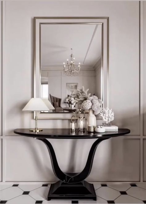 Entrance Console Design, Classical Console, Console Table Classic, Neo Classical Interiors, Console And Mirror, Morocco Luxury, Entrance Hall Decor, Luxury Console Table, Classic Console Table