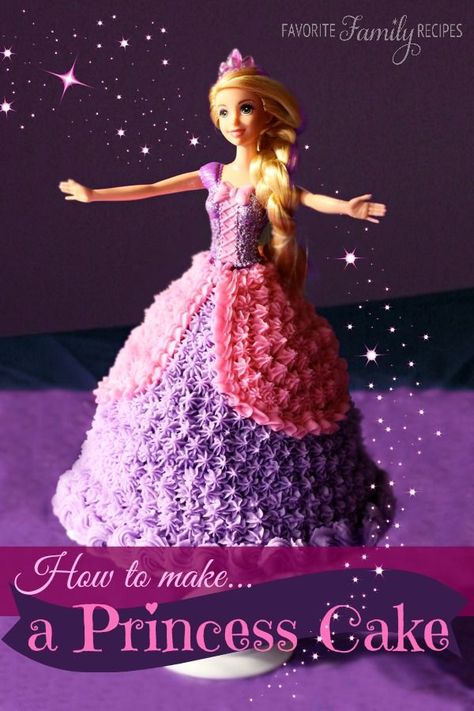 Princess Birthday Cake Dress Tutorial - this is easier than you think and your daughter will love it. Barbie Doll Cake, Rapunzel Cake, Barbie Birthday Cake, Rapunzel Birthday Party, Barbie Doll Cakes, Rapunzel Party, Princess Birthday Cake, Barbie Cake, Disney Cakes