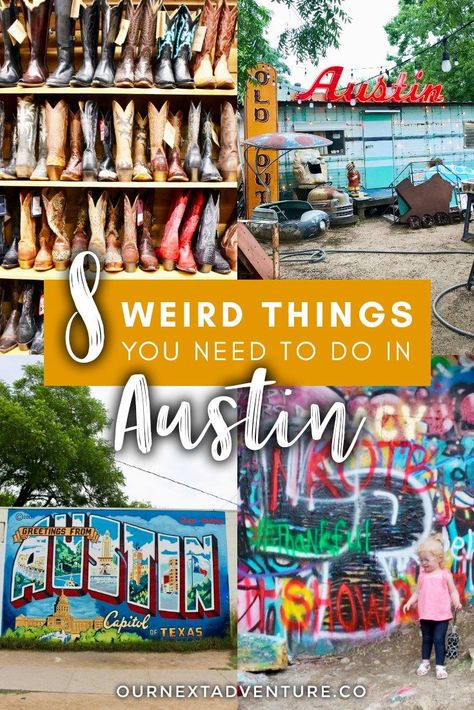 "Keep Austin Weird" by exploring these 8 awesomely weird things to do in Austin, Texas. #austin #texas #atx #keepaustinweird #unitedstates #familytravel #travelwithkids // Family Travel | Travel with Kids | Vacation Ideas | US Travel | Austin Weekend Trip | Best Cities in Texas | Austin Street Art | South Congress | Alternatives Things to Do in Austin | Best Cities in US for Families | Best Things to Do in Austin | Where to Eat in Austin | Family-Friendly Itinerary To Do In Austin Texas, Keep Austin Weird, Austin Texas Travel, Austin Travel, Things To Do In Austin, Cheap Things To Do, Usa Travel Guide, Kids Vacation, Weird Things