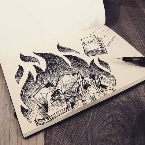 Burning Books Drawing, Book On Fire Drawing, Burning Book Drawing, Fire Sketch Pencil, Sketch Book Pen, Fire Sketch, Drawings Inspo, Book Burning, Sketchbook Pencil