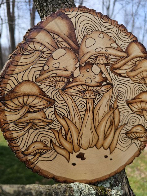 Handmade wood burned basswood plaque with original Mushroom art 10"x9.5" includes wall hanger (Colors may vary from listing photos) Large Pyrography Art, Wood Burning Owl Patterns, Wood Burn Art Ideas, Wood Burning Mushrooms, Easy Wood Burning Patterns, Halloween Wood Burning Ideas, Wood Burn Art, Nature Wood Burning, Wood Burning Art For Beginners