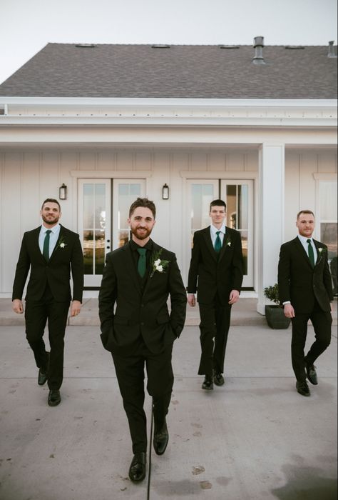 Groomsmen Emerald Green Attire, All Black Suit With Dark Green Tie, Black Suit Green Accents Men, Groomsmen Attire With Emerald Green, Grey Suit Wedding Emerald Green, Sage Green Wedding Groomsmen Black Suit, Black And Dark Green Groomsmen, Groomsman All Black Suits, Pine Green Groomsmen Attire