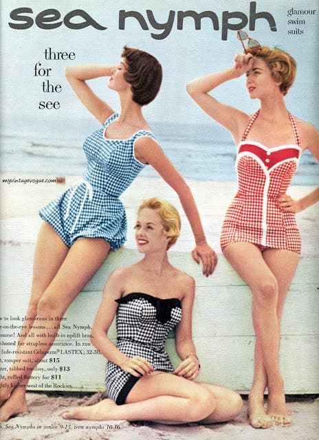 Beautiful Women's Swimwear Fashion of the 1950s ~ Vintage Everyday Vintage Bathing Suits 1950s, Vintage Inspired Bathing Suits, 1950s Bathing Suits, Bathing Suit For Women, Gingham Swimsuit, Tippi Hedren, Vintage Gingham, Estilo Pin Up, Vogue Vintage