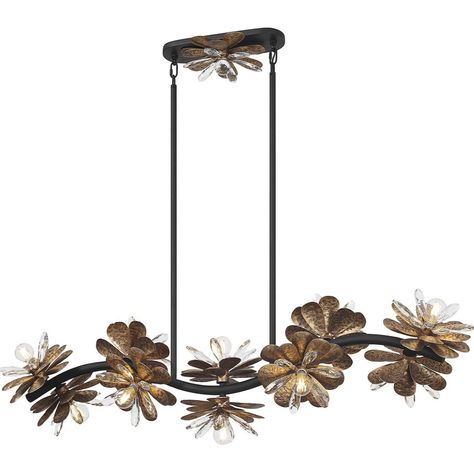 Let the beautiful Savoy House Giselle 10-light linear chandelier blossom in your home! Its undulating structure is festooned with flowers and finished in Delphine, a beautiful mix of gold and black tones. Petals of faceted crystal add another dimension of style. Black Farmhouse Chandelier, Savoy House Lighting, Black Tones, Island Pendant Lights, Linear Suspension, Farmhouse Chandelier, Another Dimension, Island Pendants, Savoy House