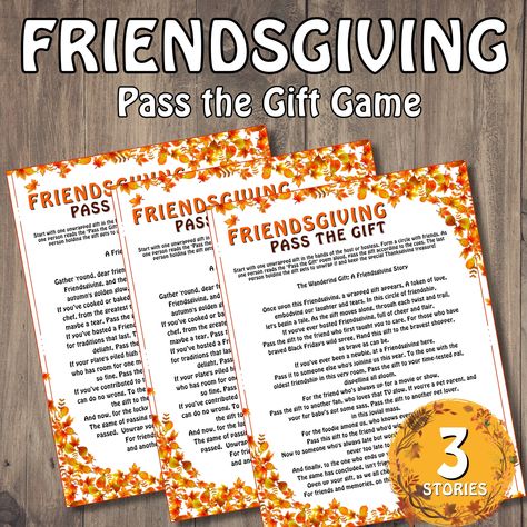 Thanksgiving Pass the Gift Game for Friendsgiving - Dive into Festive Fun with a Heartfelt Gift Exchange Game for Instant Download Inject a dose of camaraderie and gratitude into your Friendsgiving celebrations with our Thanksgiving Pass the Gift Game! In this spirited game, participants pass gifts to the left or right as they delve into a Friendsgiving tale brimming with thankfulness, friendship, and playful twists. Everyone will be buzzing with curiosity: Who will be the fortunate one to unwrap the coveted gift? The suspense will have friends sharing laughter and anticipation! Perfect for Friendsgiving gatherings, friendly dinners, or any festive occasion. Our Thanksgiving Pass the Gift Game is the quintessential way to strengthen bonds and celebrate the essence of gratitude among friend Thanksgiving Gift Exchange Game, Relief Society Friendsgiving, Friendsgiving Ideas Games, Friendsgiving Gift Ideas, Friendsgiving Gifts, Pass The Gift Game, Friendsgiving Games, Pass The Parcel, Thanksgiving Planning